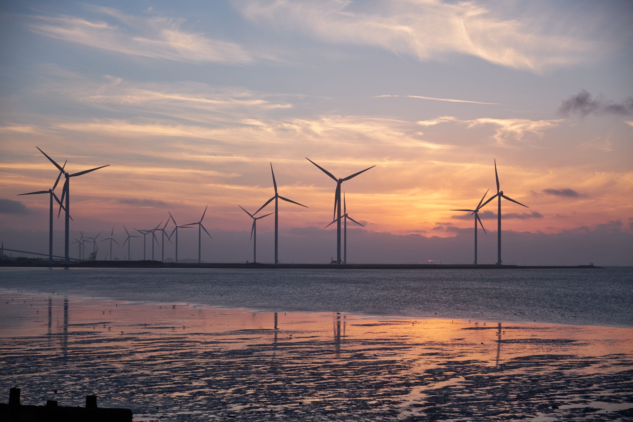 Wind farm at sunset reflected on water